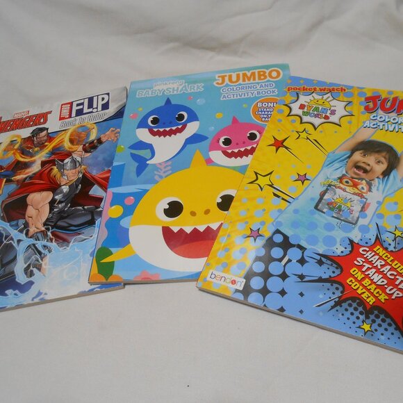 3 KIDS JUMBO COLOR ACTIVITY BOOKS STOCKING STUFFERS MARVEL AVENGERS RYANS WORLD - Picture 1 of 9